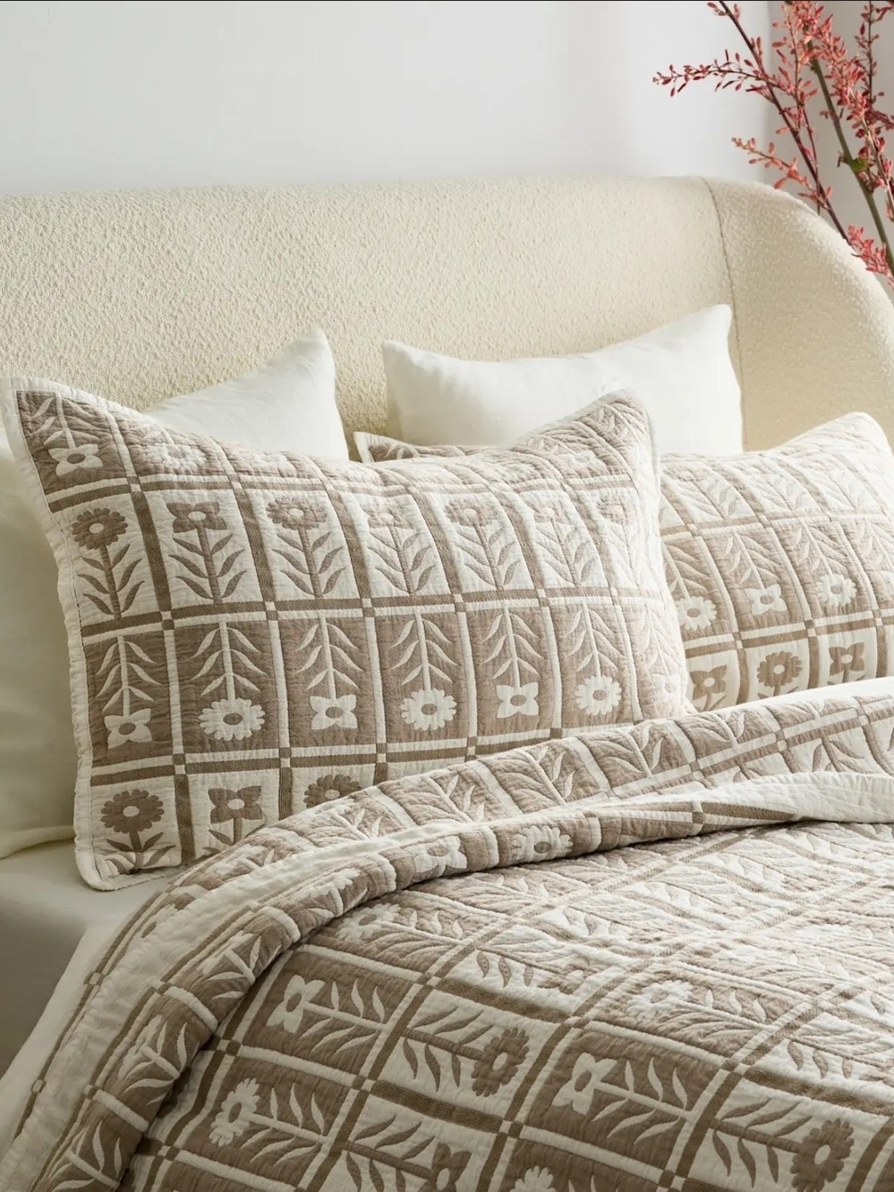 Quince Organic Cotton Jacquard Floral Sham Set - King - Toffee - Picture 2 of 5